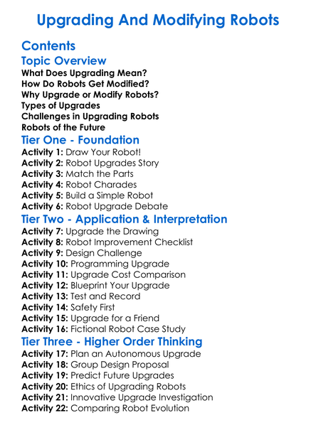 Upgrading And Modifying Robots Worksheet Activity Booklet