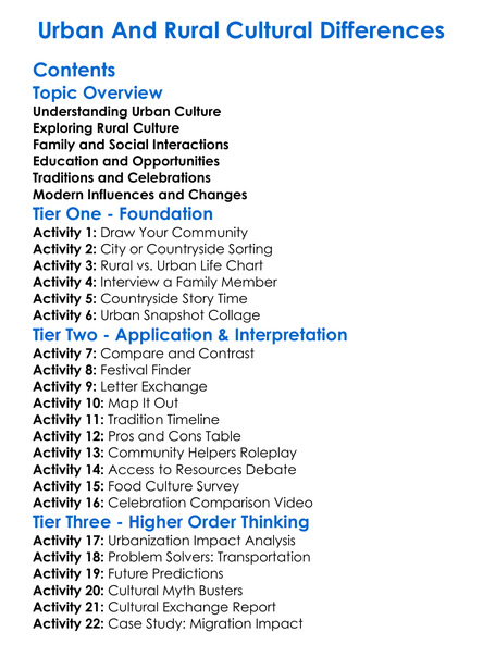 Urban And Rural Cultural Differences Worksheet Activity Booklet