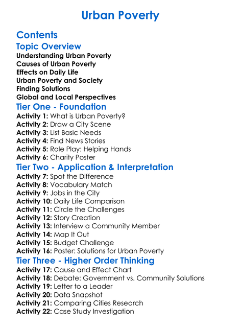 Urban Poverty Worksheet Activity Booklet