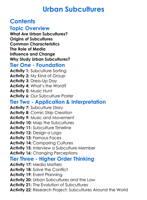 Urban Subcultures Worksheet Activity Booklet