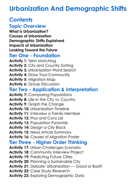Urbanization And Demographic Shifts Worksheet Activity Booklet