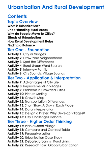 Urbanization And Rural Development Worksheet Activity Booklet