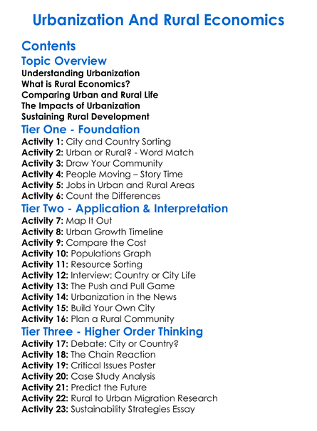 Urbanization And Rural Economics Worksheet Activity Booklet