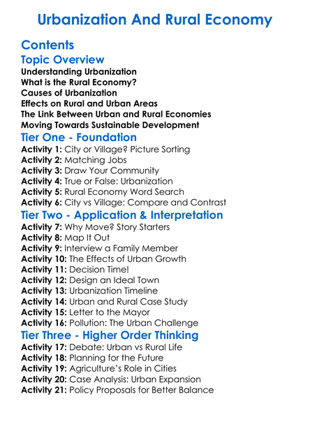 Urbanization And Rural Economy Worksheet Activity Booklet