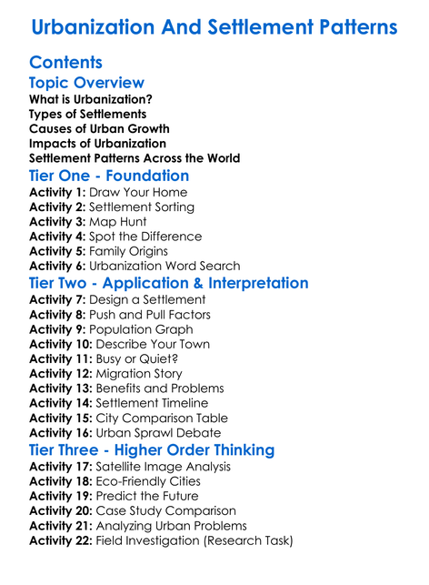 Urbanization And Settlement Patterns Worksheet Activity Booklet