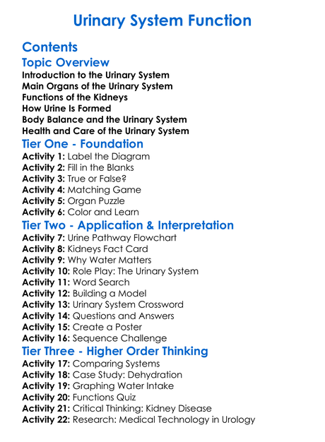 Urinary System Function Worksheet Activity Booklet