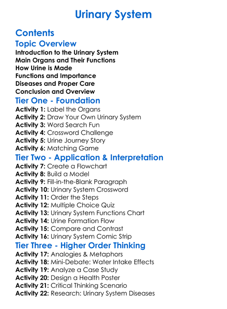 Urinary System Worksheet Activity Booklet