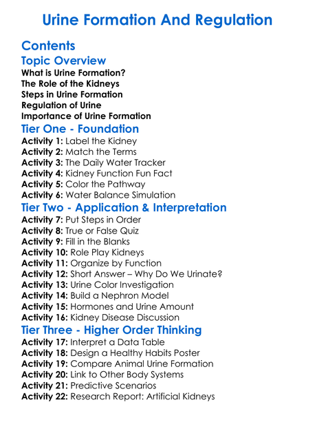 Urine Formation And Regulation Worksheet Activity Booklet