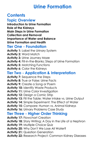 Urine Formation Worksheet Activity Booklet