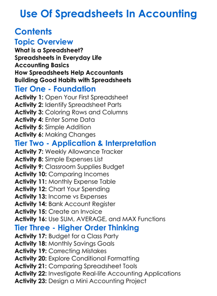 Use Of Spreadsheets In Accounting Worksheet Activity Booklet