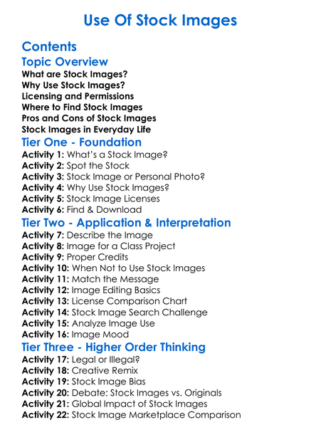 Use Of Stock Images Worksheet Activity Booklet