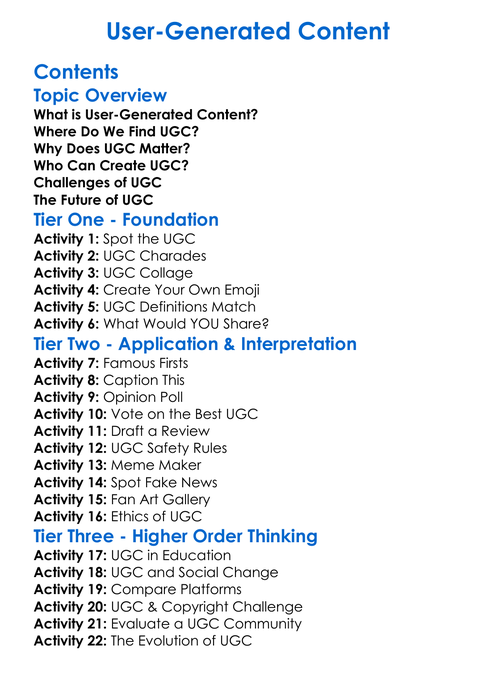 User-Generated Content Worksheet Activity Booklet