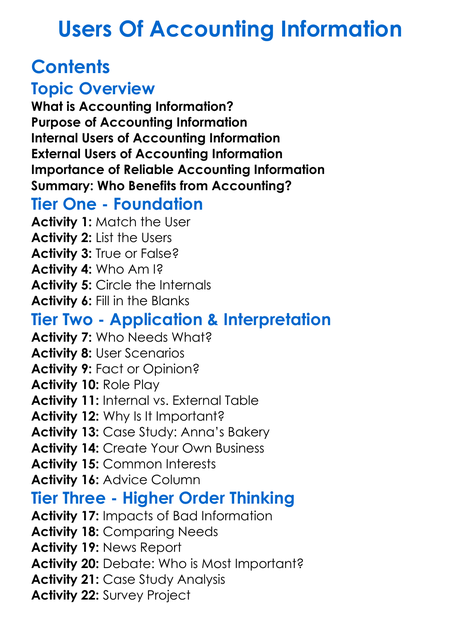 Users Of Accounting Information Worksheet Activity Booklet