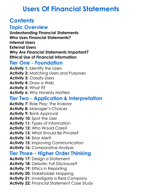 Users Of Financial Statements Worksheet Activity Booklet