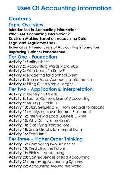 Uses Of Accounting Information Worksheet Activity Booklet