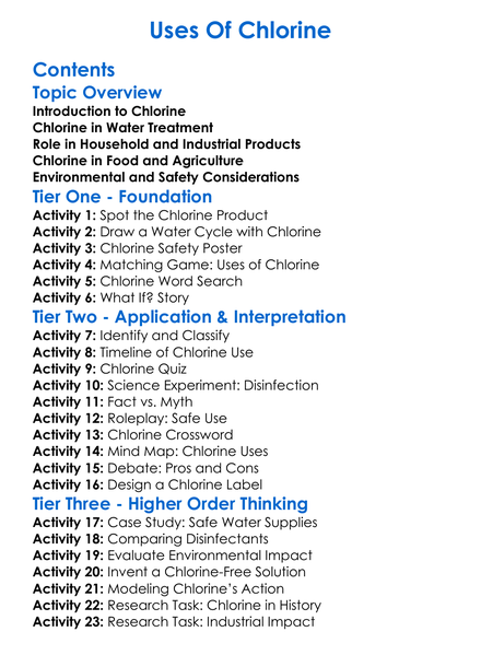 Uses Of Chlorine Worksheet Activity Booklet