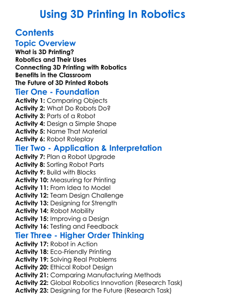 Using 3D Printing In Robotics Worksheet Activity Booklet