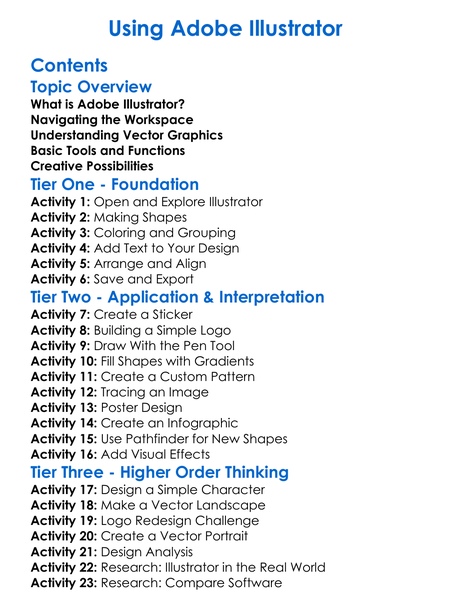 Using Adobe Illustrator Worksheet Activity Booklet