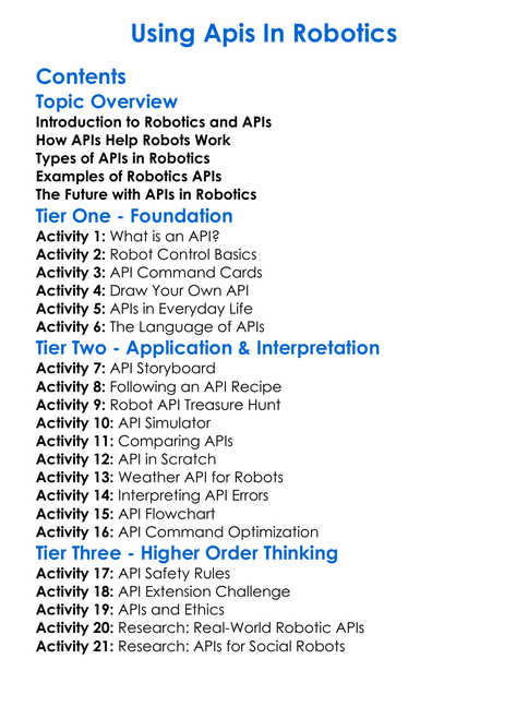 Using Apis In Robotics Worksheet Activity Booklet