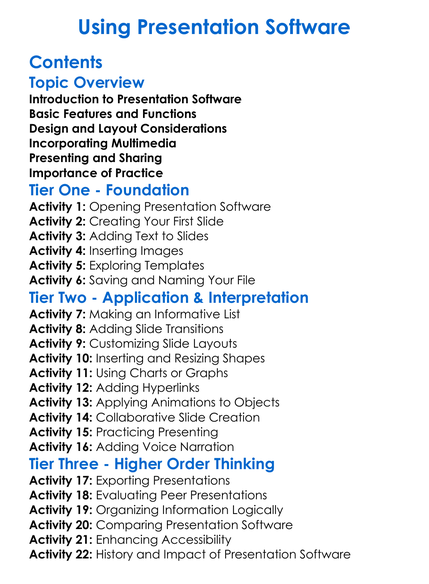 Using Presentation Software Worksheet Activity Booklet