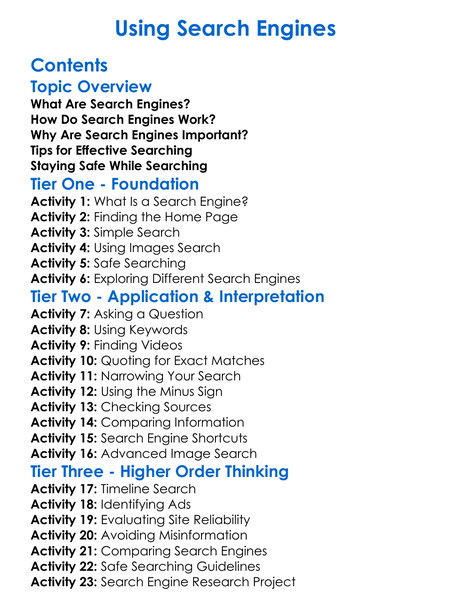 Using Search Engines Worksheet Activity Booklet