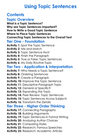 Using Topic Sentences Worksheet Activity Booklet