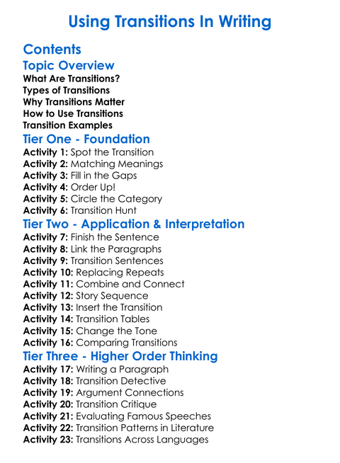 Using Transitions In Writing Worksheet Activity Booklet