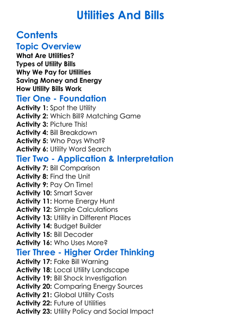 Utilities And Bills Worksheet Activity Booklet