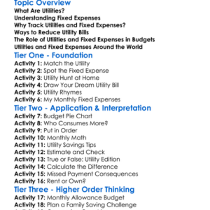 Utilities And Fixed Expenses Worksheet Activity Booklet