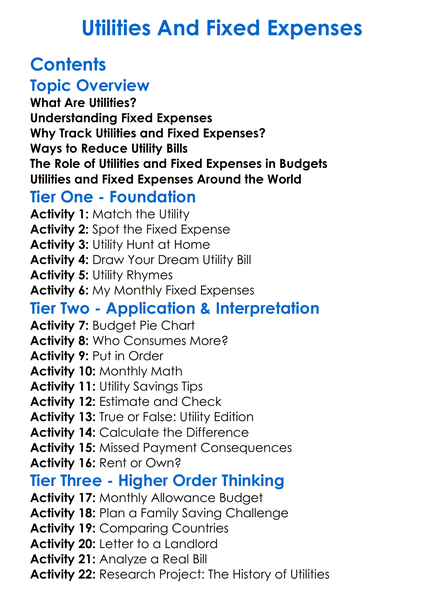 Utilities And Fixed Expenses Worksheet Activity Booklet