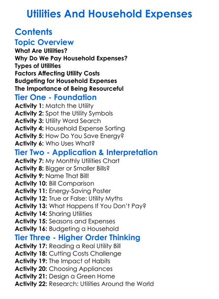 Utilities And Household Expenses Worksheet Activity Booklet