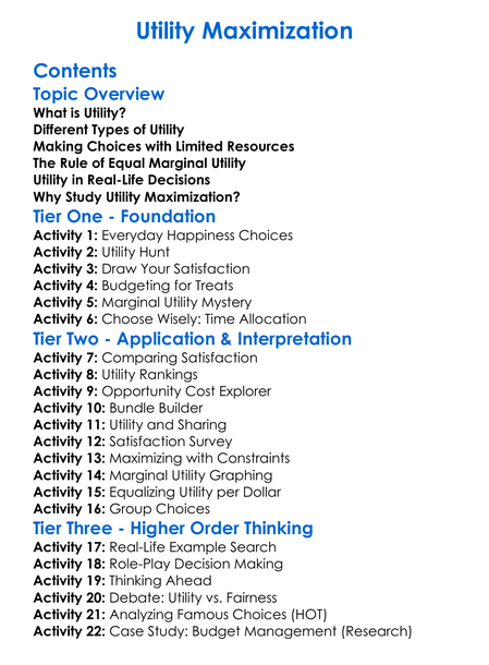 Utility Maximization Worksheet Activity Booklet