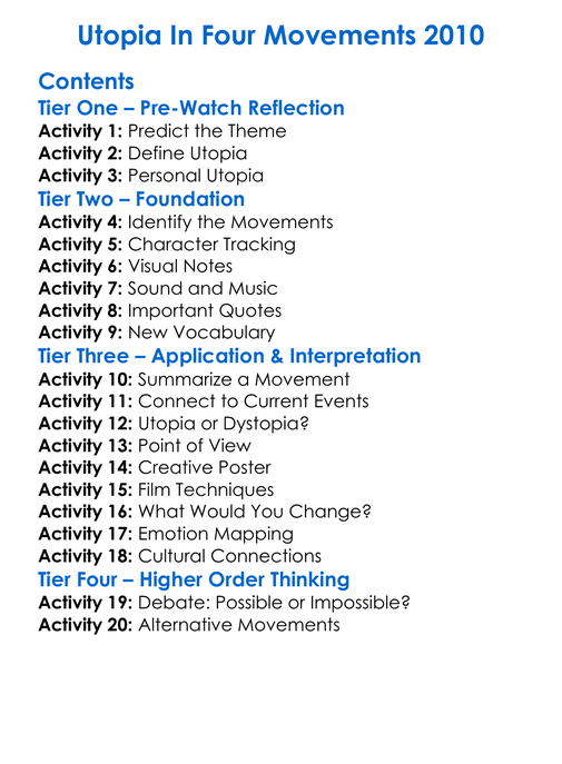 Utopia In Four Movements 2010 Worksheet Activity Booklet