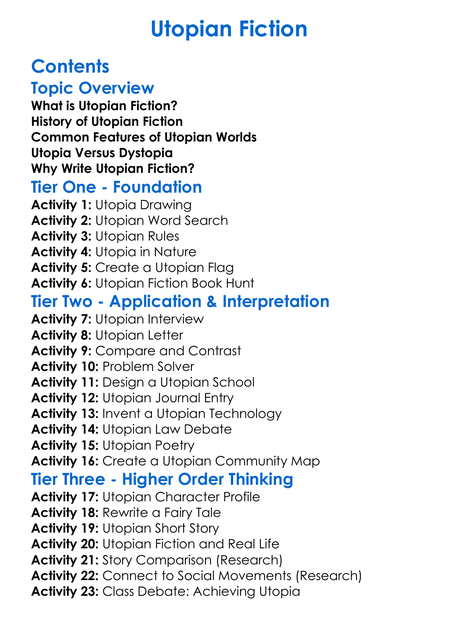Utopian Fiction Worksheet Activity Booklet