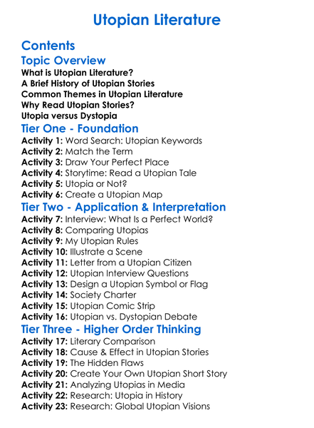 Utopian Literature Worksheet Activity Booklet