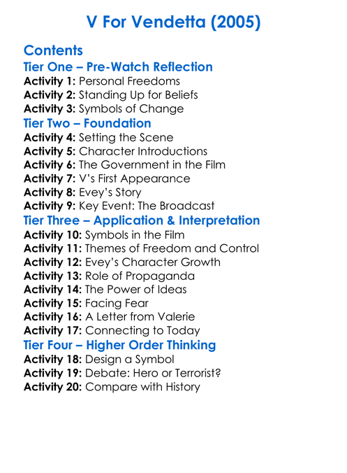 V For Vendetta 2005 Worksheet Activity Booklet