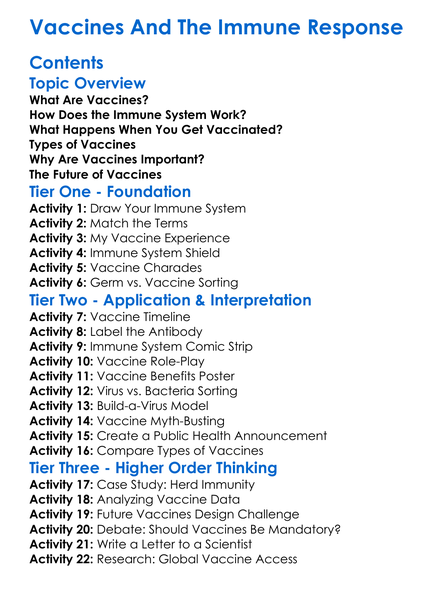 Vaccines And The Immune Response Worksheet Activity Booklet