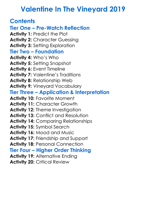 Valentine In The Vineyard 2019 Worksheet Activity Booklet