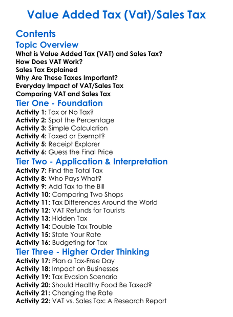 Value Added Tax Vatsales Tax Worksheet Activity Booklet