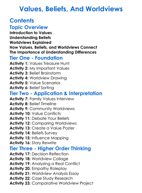 Values Beliefs And Worldviews Worksheet Activity Booklet
