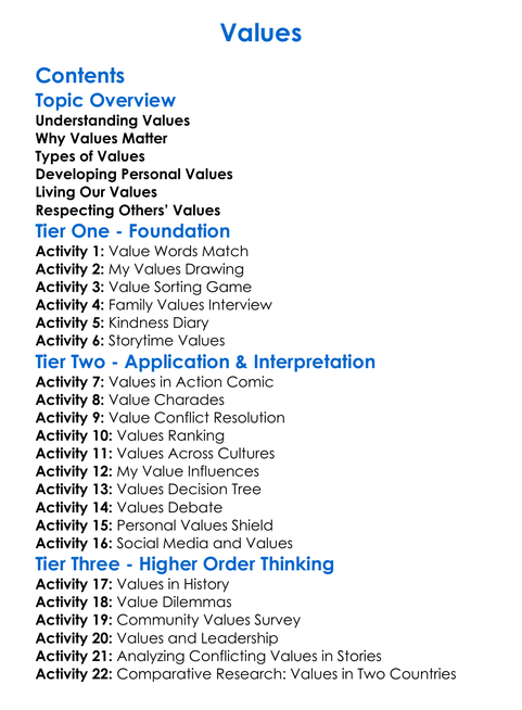 Values Worksheet Activity Booklet