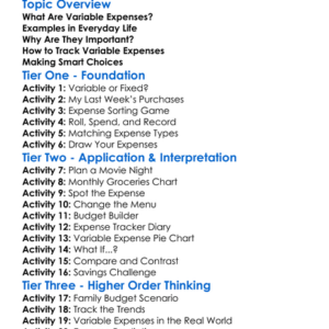Variable Expenses Worksheet Activity Booklet