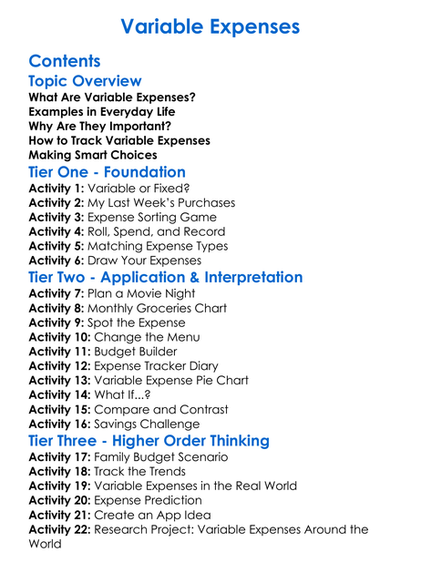 Variable Expenses Worksheet Activity Booklet