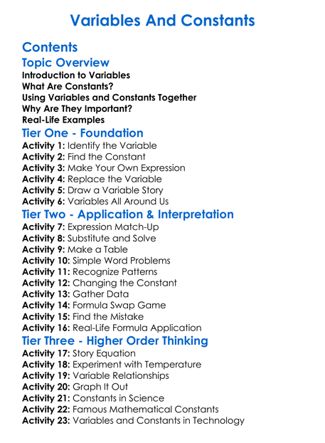 Variables And Constants Worksheet Activity Booklet