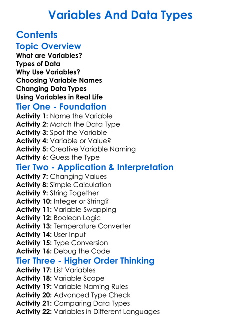 Variables And Data Types Worksheet Activity Booklet