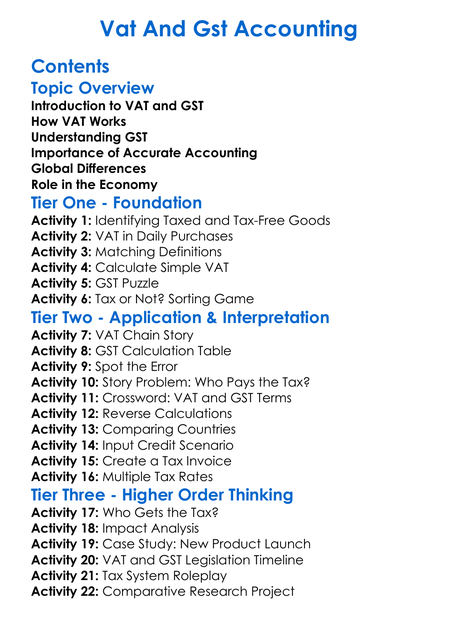 Vat And Gst Accounting Worksheet Activity Booklet