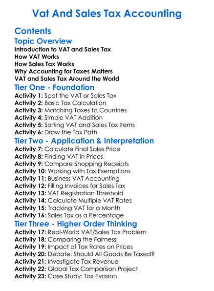 Vat And Sales Tax Accounting Worksheet Activity Booklet