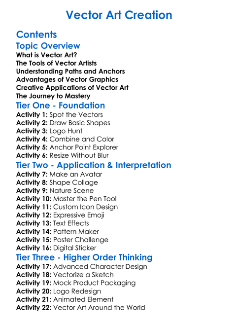 Vector Art Creation Worksheet Activity Booklet