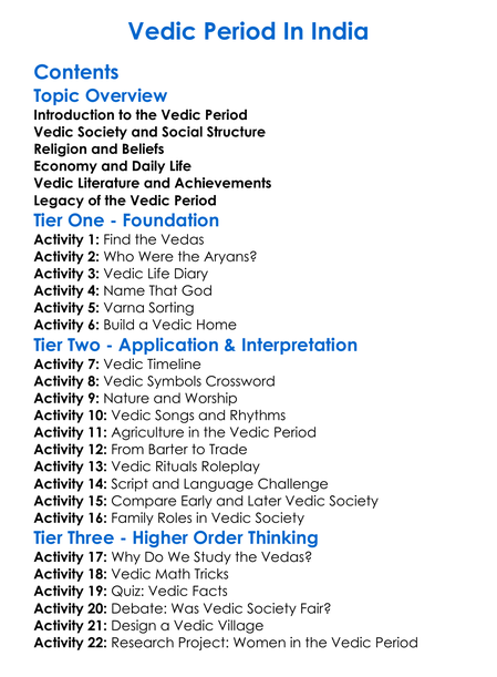Vedic Period In India Worksheet Activity Booklet