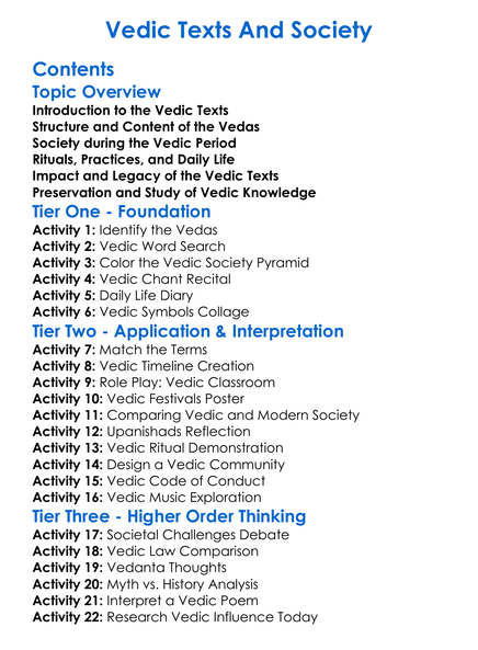 Vedic Texts And Society Worksheet Activity Booklet